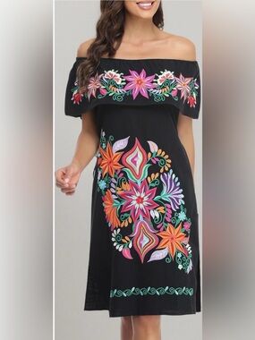 MEXICANA Black Off-Shoulder Tunic with Multicolor Floral Embroidery